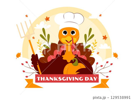 Happy Thanksgiving Day Vector Illustration featuring Turkey, Pumpkins, Autumn Leaves, and Various Festive Elements in a Flat Style Cartoon Background 129538991