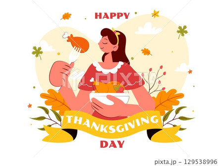 Happy Thanksgiving Day Vector Illustration featuring Turkey, Pumpkins, Autumn Leaves, and Various Festive Elements in a Flat Style Cartoon Background 129538996