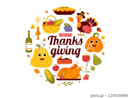 Happy Thanksgiving Day Vector Illustration featuring Turkey, Pumpkins, Autumn Leaves, and Various Festive Elements in a Flat Style Cartoon Background 129538998