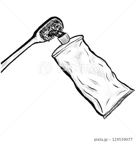 Pencil sketch of a squeezed toothpaste tube and a toothbrush Pencil sketch of a squeezed toothpaste tube and a toothbrush 129539077