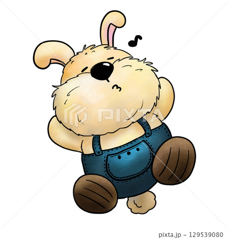 Cartoon rabbit wearing overalls is sleeping and singing color illustration Cartoon rabbit wearing overalls is sleeping and singing color illustration 129539080