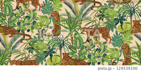 Bright vector seamless pattern with colorful tropical plants and flowers, palm leaves. Cute botanical contemporary endless background. Hand drawn unique print 129539100