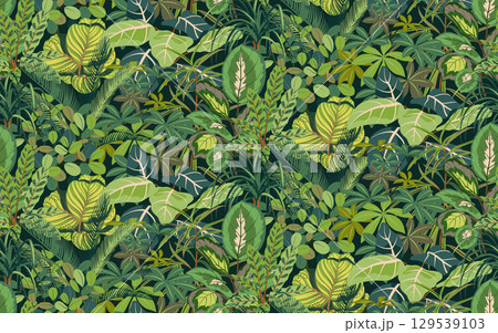Bright vector seamless pattern with colorful tropical plants and flowers, palm leaves. Cute botanical contemporary endless background. Hand drawn unique print 129539103