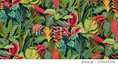 Bright vector seamless pattern with colorful tropical plants and flowers, palm leaves. Cute botanical contemporary endless background. Hand drawn unique print 129539108