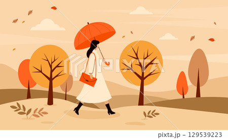 Elegant Autumn woman walking with umbrella in fall landscape in park. Autumnal landscape with falling leaves, colorful trees. Horizontal background banner. Vector illustration. Not AI 129539223