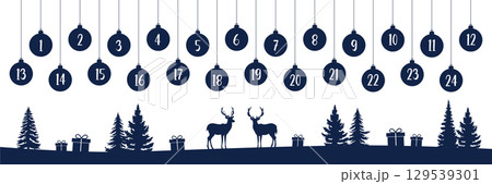 advent calendar with hanging christmas balls in winter forest vector illustration 129539301