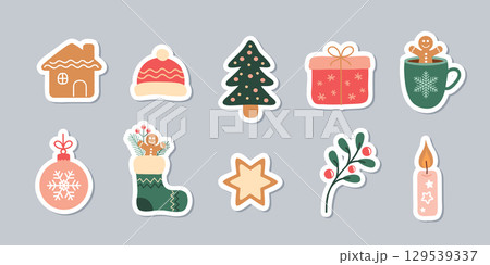 set of cute christmas decoration sticker isolated vector illustration set of cute christmas decoration sticker isolated vector illustration 129539337
