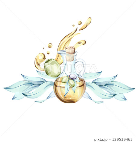 Exploring olive oil and olives through vibrant watercolor illustrations capturing the essence of Italian cuisine frame, border, arrangement 129539463