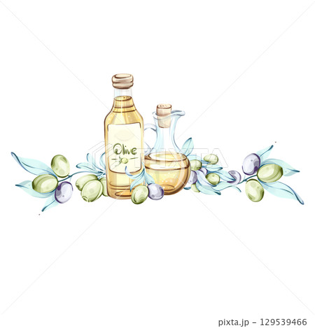 Illustration showcasing olives and olive oil with a touch of Italian cuisine in watercolor technique frame, border, arrangement 129539466