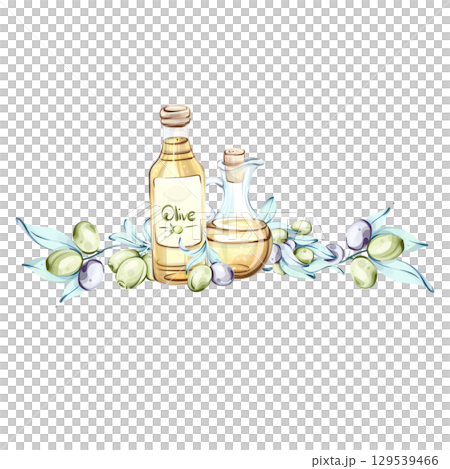 Illustration showcasing olives and olive oil with a touch of Italian cuisine in watercolor technique frame, border, arrangement 129539466