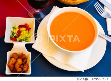 Cold soup gazpacho with croutons Cold soup gazpacho with croutons 129539493
