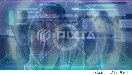 Image of data processing over asian businesswoman using phone headset in office 129539561
