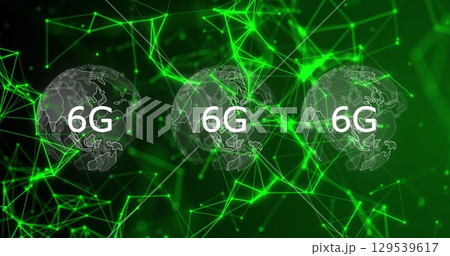 Image of rotating globes, connections and 6g on green background Image of rotating globes, connections and 6g on green background 129539617