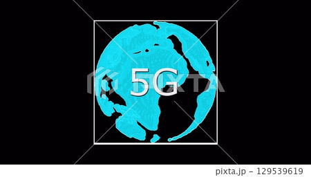 Image of rotating globe and 5g on black background 129539619