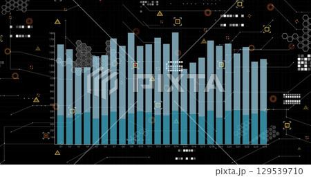 Image of graphs, data and icons on black background Image of graphs, data and icons on black background 129539710