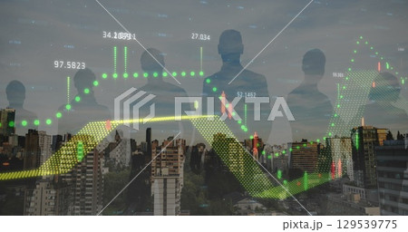 Image of financial graphs and data over cityscape and people silhouettes Image of financial graphs and data over cityscape and people silhouettes 129539775