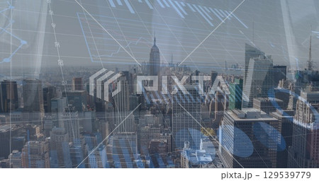 Image of financial data processing over diverse people and cityscape 129539779