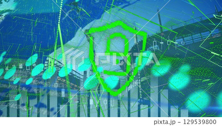 Image of graphs and digital padlock with green lines over construction site 129539800