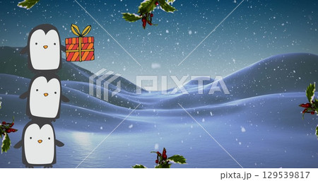 Image of presents and snow falling over winter landscape Image of presents and snow falling over winter landscape 129539817
