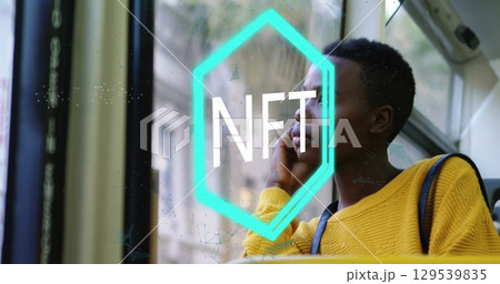 Image of nft logo over thoughtful african american woman travelling on bus Image of nft logo over thoughtful african american woman travelling on bus 129539835
