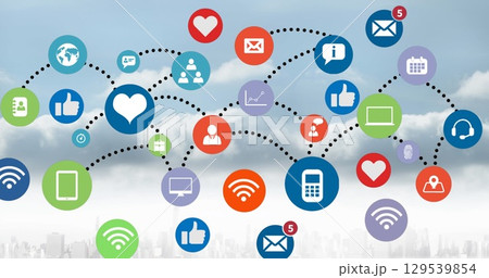 Image of network of connected social media icons over cloudy sky 129539854
