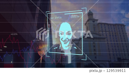 Image of financial data and user photos over cityscape Image of financial data and user photos over cityscape 129539911