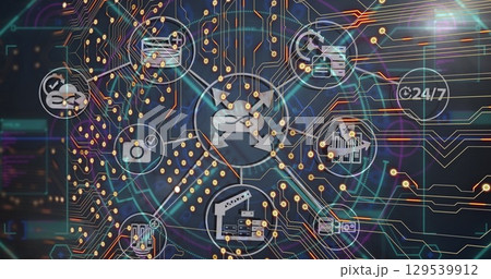 Image of integrated circuit and tech icons over lines on black background Image of integrated circuit and tech icons over lines on black background 129539912