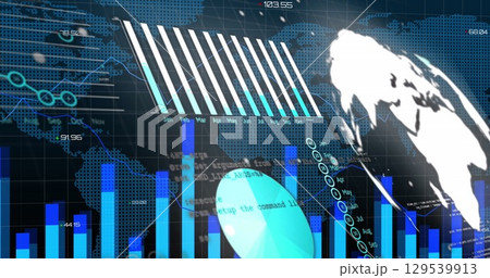 Image of graphs and financial data over world map and digital screen 129539913