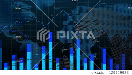 Image of graphs, world map and financial data over black digital space 129539928