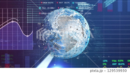 Image of globe and financial data over navy digital space 129539930