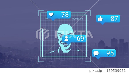 Image of social media reactions and photos over cityscape Image of social media reactions and photos over cityscape 129539931