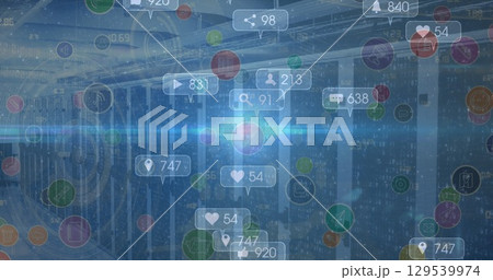 Image of social media reaction and tech icons over servers 129539974