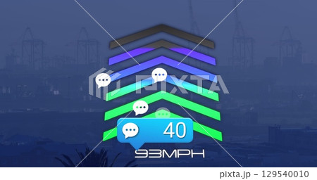 Image of social media reactions and speedometer over cityscape Image of social media reactions and speedometer over cityscape 129540010
