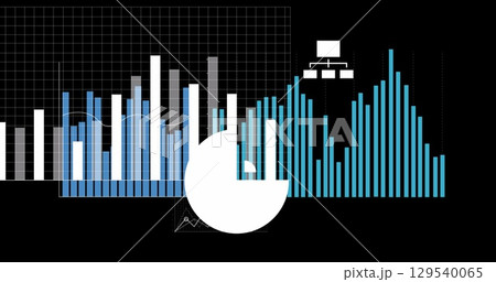 Image of diverse graphs and financial data on black background 129540065