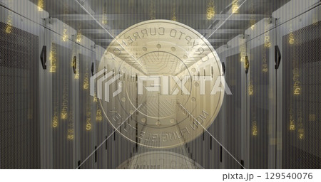 Image of coin with nft and lights over servers 129540076