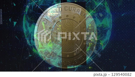 Image of coin with nft and globe with shapes over servers 129540082
