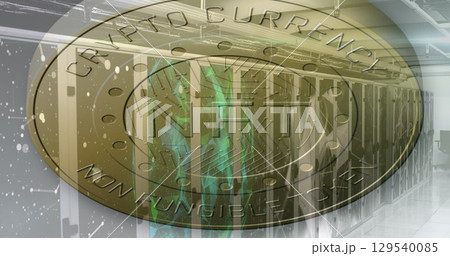 Image of coin with nft and shapes over servers 129540085