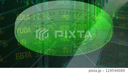 Image of coins with nft and financial graphs and data over servers Image of coins with nft and financial graphs and data over servers 129540089