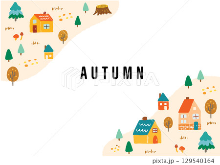 手描きの可愛い秋の街並みフレーム 129540164