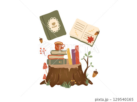 手描きの可愛い丸太につまれた本 129540165