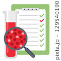 Blood tests. Hematology concept with red blood cell in test tube and magnifying glass 129540190