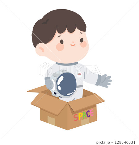 Cartoon Boy Astronaut in Cardboard Box Illustration 129540331