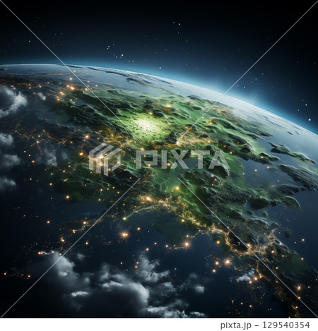 Planet Earth with detailed relief and atmosphere. Blue space background with earth and galaxy. Planet Earth with detailed relief and atmosphere. Blue space background with earth and galaxy. 129540354