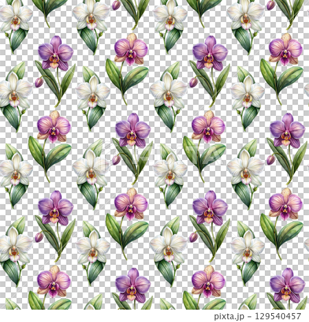 White and violet orchid flower with green leaves seamless pattern  White and violet orchid flower with green leaves seamless pattern  129540457