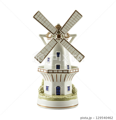Traditional white and blue porcelain dutch windmill figurine as a classic collectible souvenir 129540462