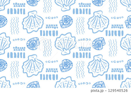 Shell Marine Pattern Retro seamless marine pattern with blue shells...のイラスト素材 [129540526 ...