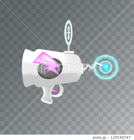 Cartoon super space energy blaster isolated on transparent background. Retro game label or icon with vintage space laser pistol gun. Tesla electric coil gun 129540747