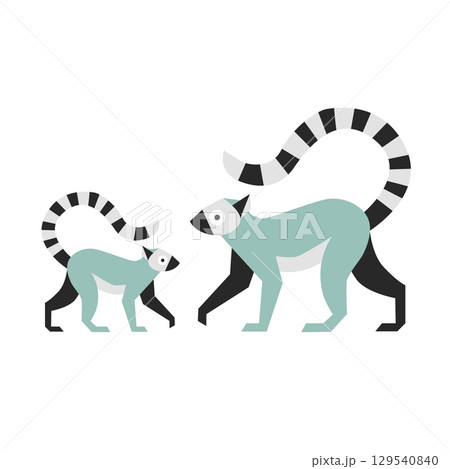Lemur parent and baby, flat vector illustration of Madagascar jungle animals. Cute cartoon wild nature design for kids posters, animal families, and educational materials. 129540840