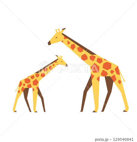 Giraffe parent and baby flat vector illustration of wild African animals. Cartoon savanna wildlife for kids prints, posters, books and jungle nature designs. 129540841