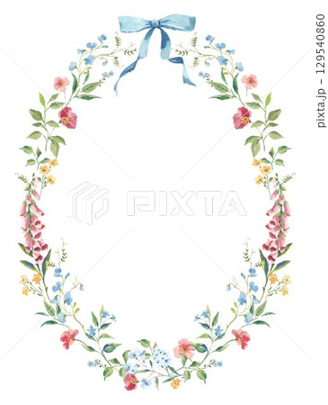Watercolor Floral Oval Wreath with Blue Ribbon, Hand-Painted Botanical Frame for Wedding Invitations, Greeting Cards, Baby Shower, and Spring Decor 129540860